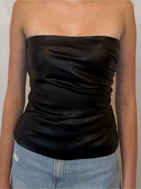 Black Strapless Faux Leather Tube Top